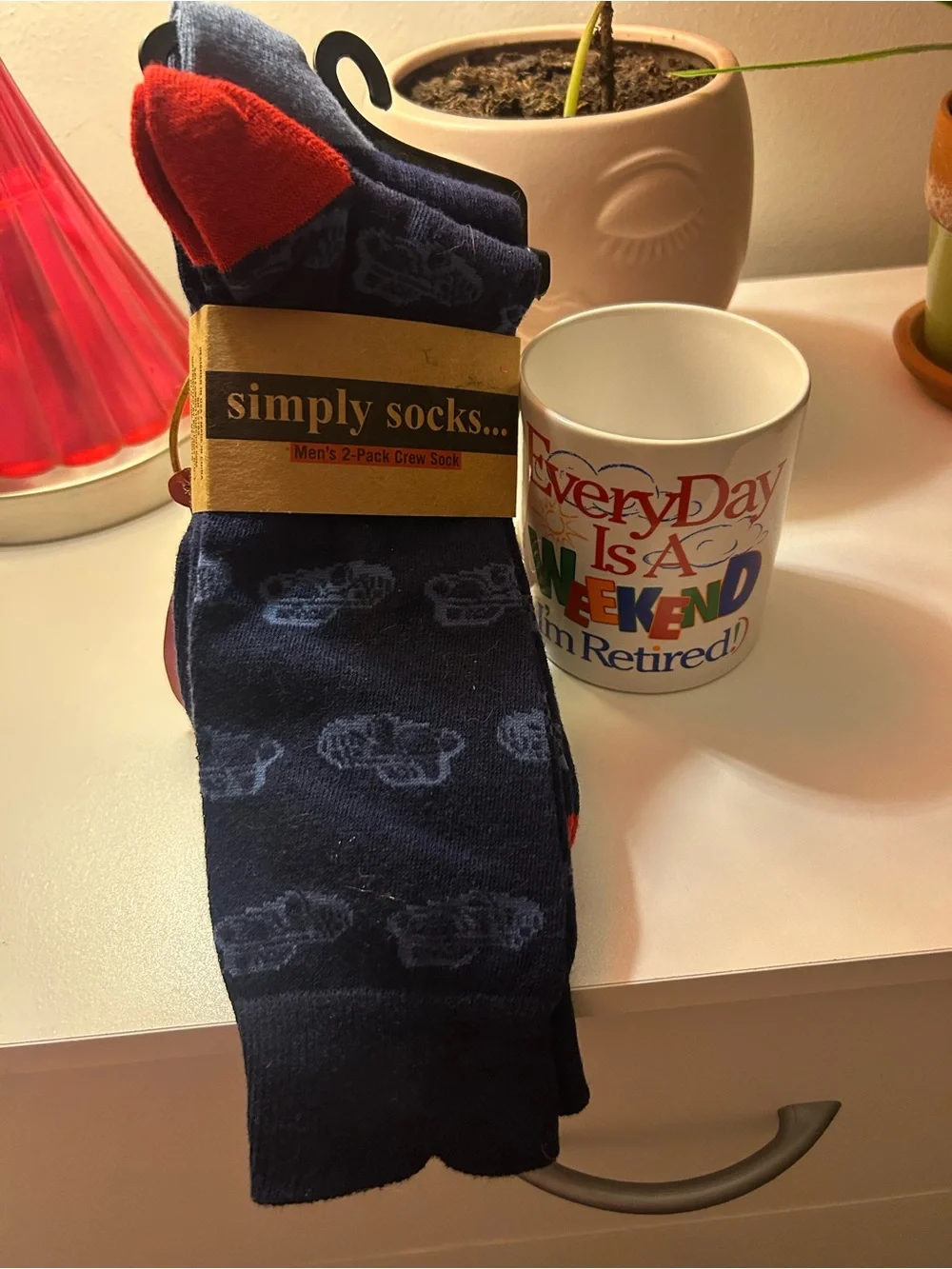 Simply Socks Men's Navy Patterned Crew Socks (2) with Coffee Mug - I’m Retired